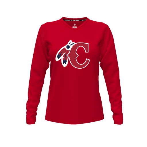 [FTLVCFRD-FYXS-LOGO1] Decker Comfort T-Shirt (Female Youth XS, Red, V Neck, Logo 1, Long Sleeve)