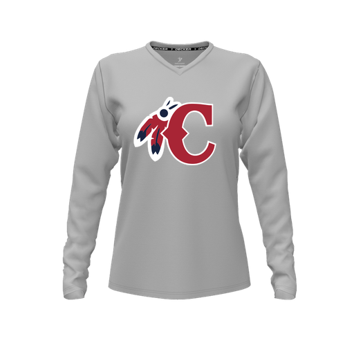 [CUS-DFW-TEES-CMF-VNK-LSL-GRY-FYXS-LOGO1] Decker Comfort T-Shirt (Female Youth XS, Gray, V Neck, Logo 1, Long Sleeve)