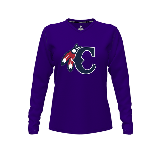 [CUS-DFW-TEES-CMF-VNK-LSL-PUR-FYXS-LOGO2] Decker Comfort T-Shirt (Female Youth XS, Purple, V Neck, Logo 2, Long Sleeve)