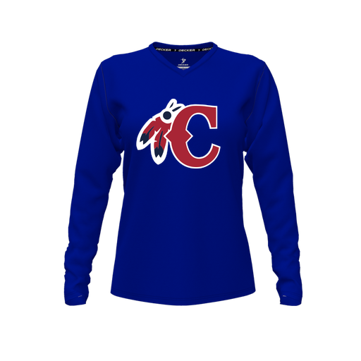 [CUS-DFW-TEES-PER-VNK-LSL-RYL-FYXS-LOGO1] Decker Performance T-Shirt (Female Youth XS, Royal, V Neck, Logo 1, Long Sleeve)